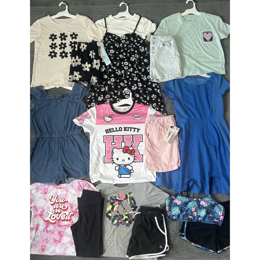 Huge Lot‎ Girls Size 10 12 Clothes NEW &EC Summer Dress Levis Hello Kitty Shorts